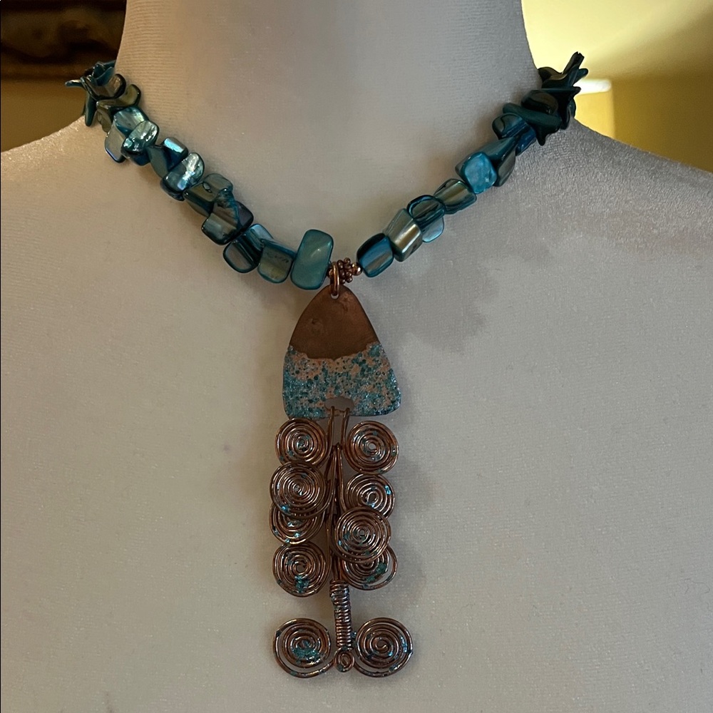 Handmade Artisan Wrapped Copper & Turquoise Colored Beads Statement Necklace